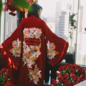 Elegant Red Floral Kimono Robe